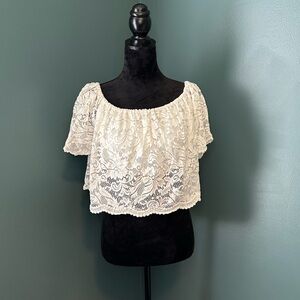L Ambiance Ivory Lace Off-Shoulder Crop Top - Feminine & Flirty